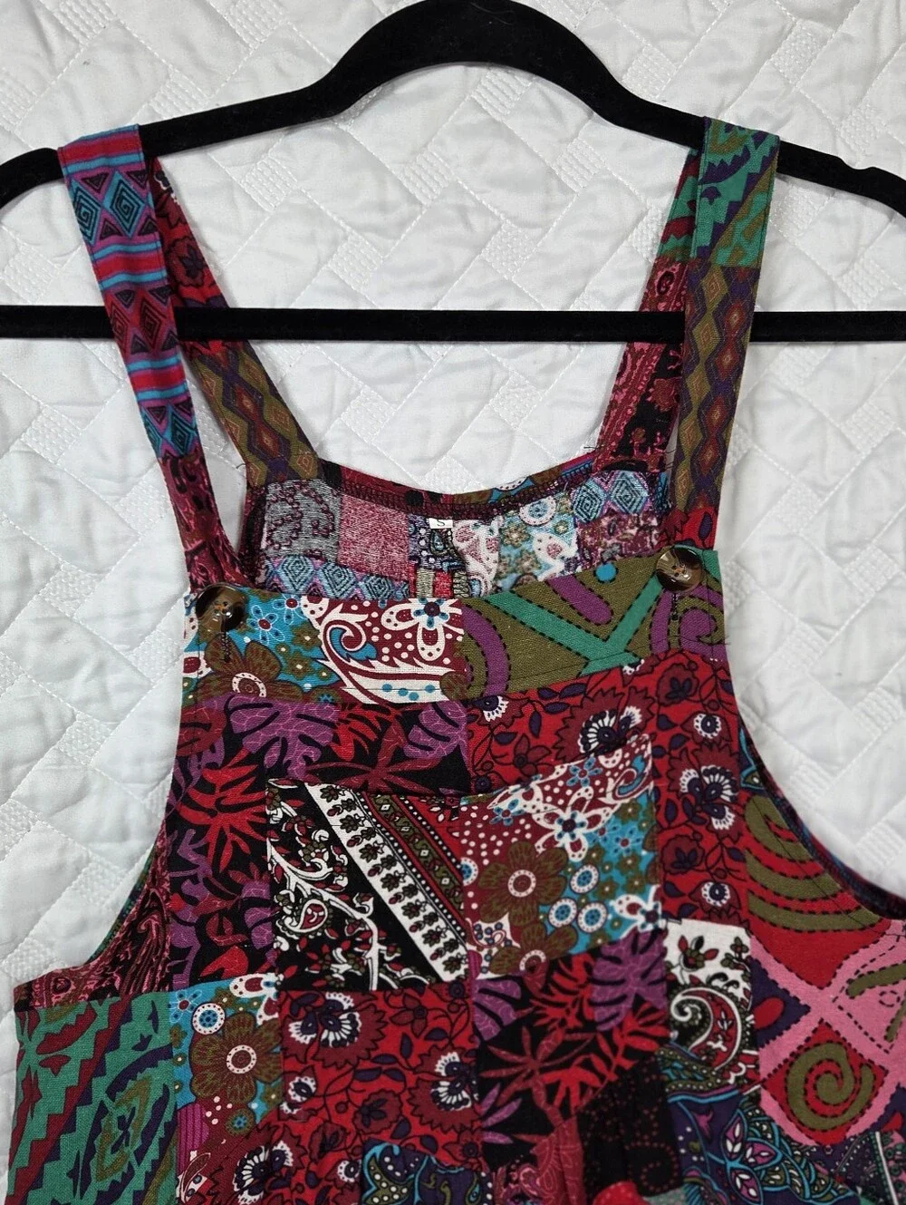 Colorful Patchwork Boho Overalls Jumpsuit Size Small 65% Cotton Festival Hippie